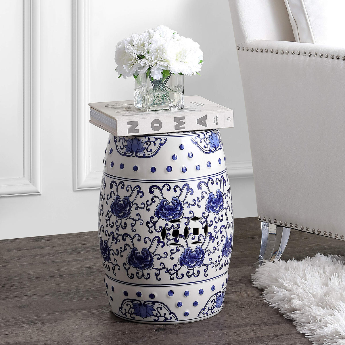 Jonathan Y tbl1000a blue and white chinoiserie garden seat with lotus motif, stylish side table.