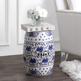 Jonathan Y tbl1000a blue and white chinoiserie garden seat with lotus motif, stylish side table.