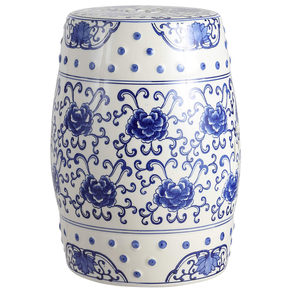 Jonathan Y tbl1000a lotus flower stool with blue glaze, ideal for indoor or outdoor seating.