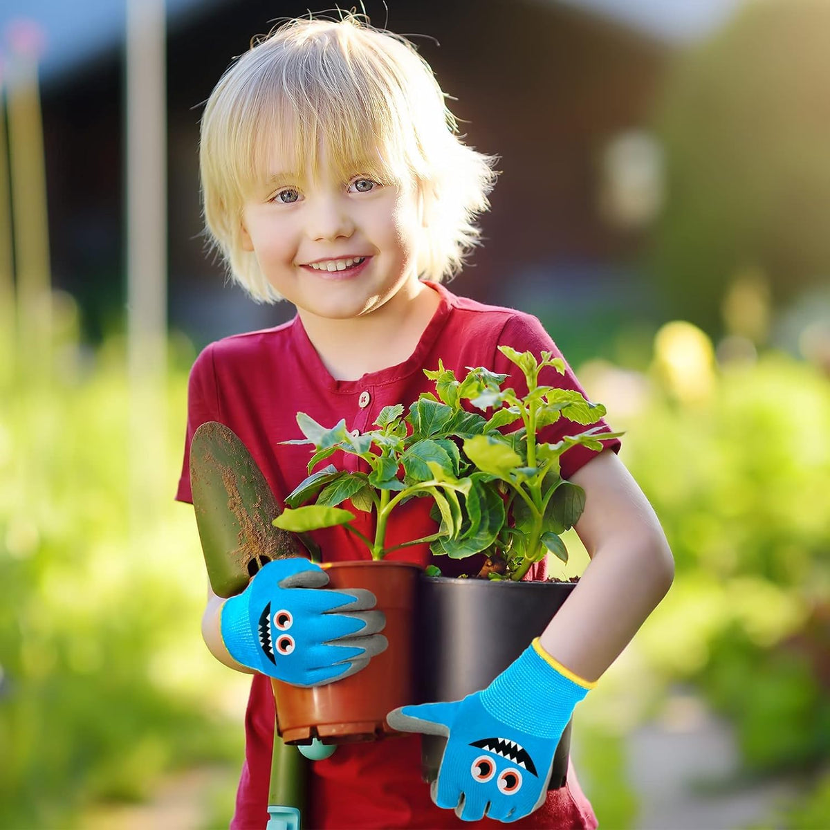 Joottuan kids gardening gloves blue latex-coated palms ensure secure grip.
