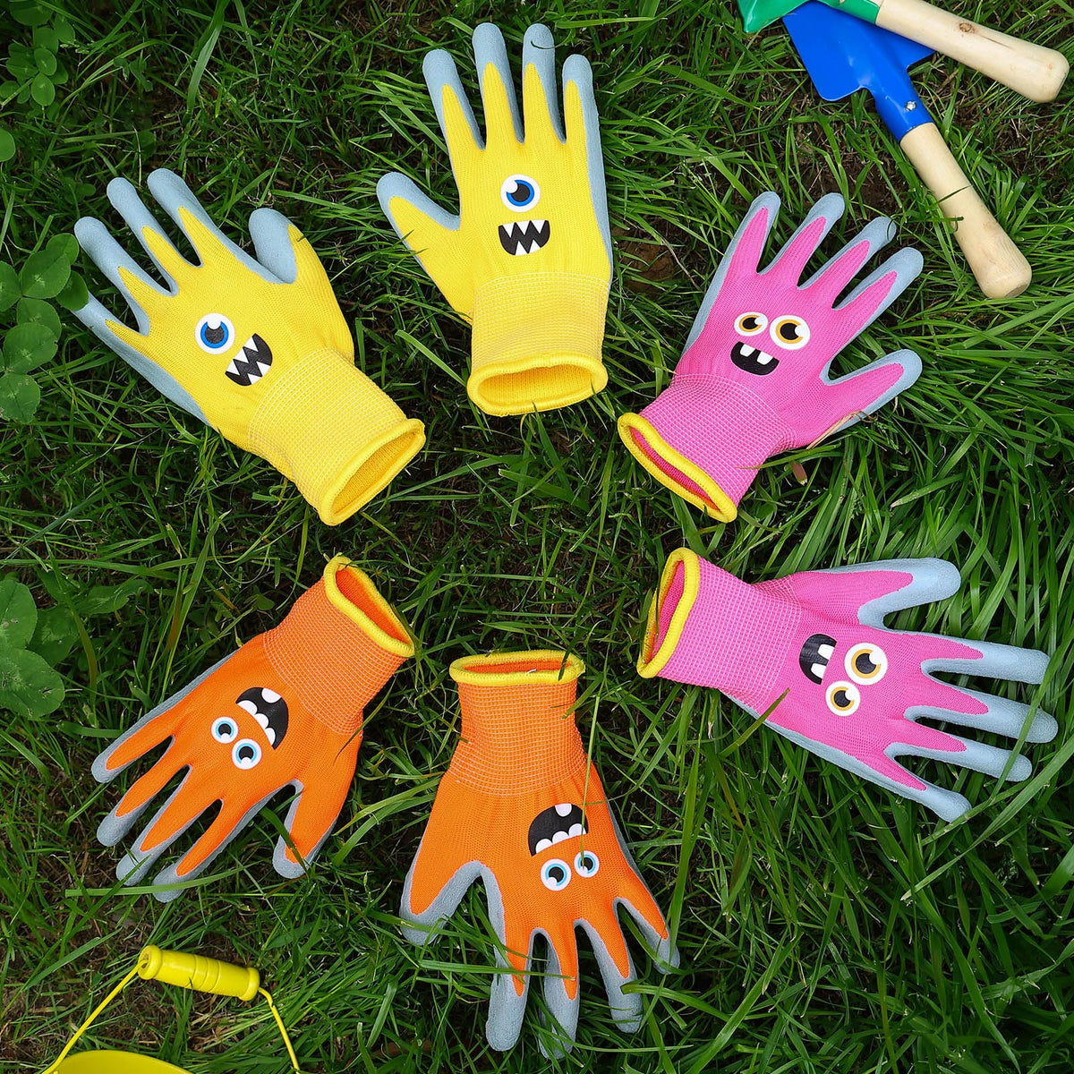 Joottuan kids gardening gloves in-use image show versatile play and gardening use.