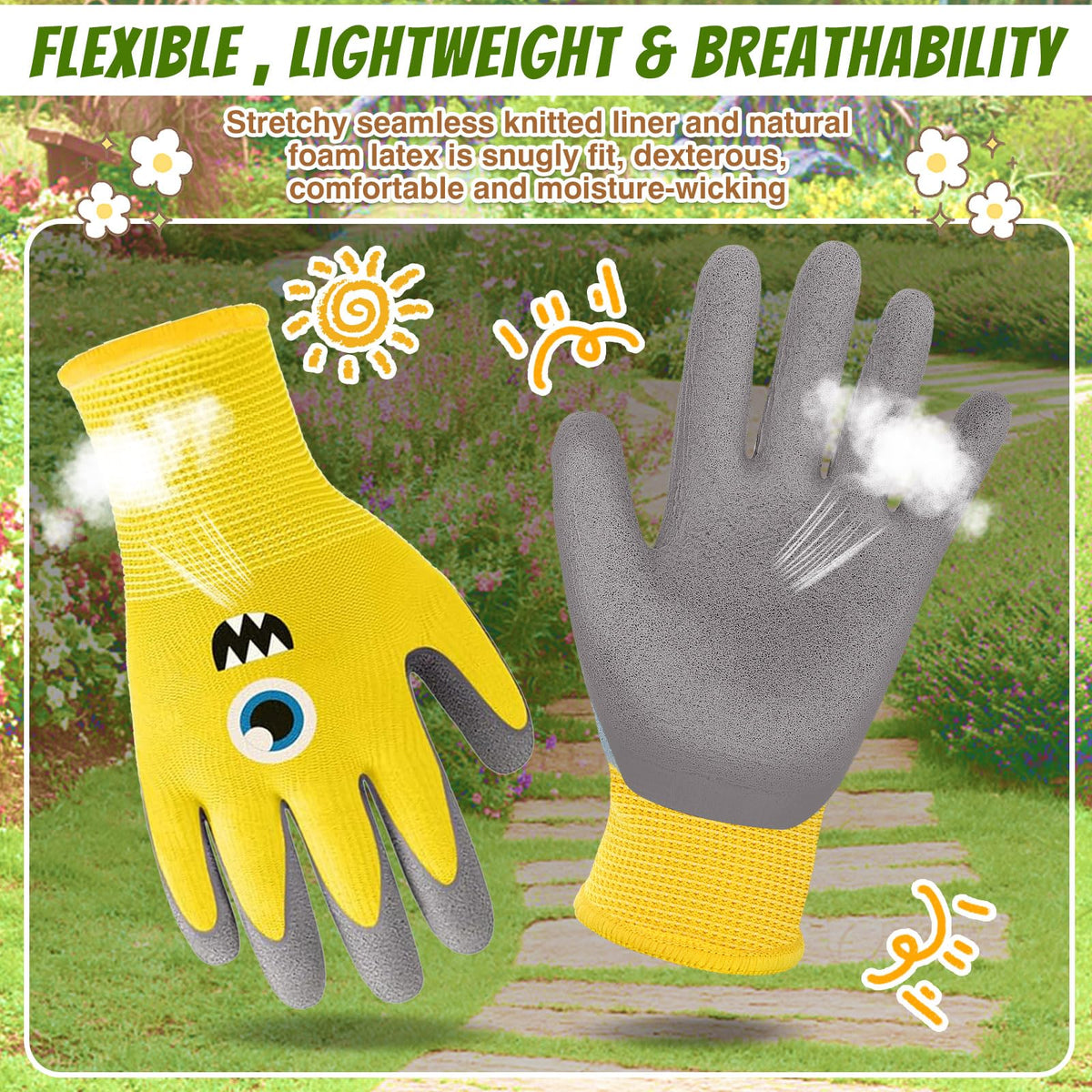 Joottuan kids gardening gloves yellow pattern brighten outdoor chores while protecting hands.