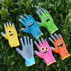 Joottuan kids gloves orange monster design, rubber coating for secure grip while gardening