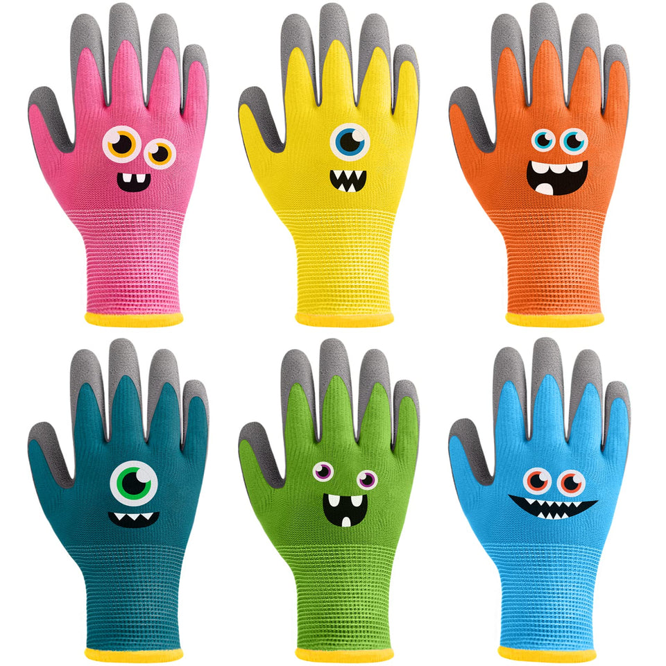 Joottuan kids gloves pink monster design for fun gardening, comfortable grip for little hands