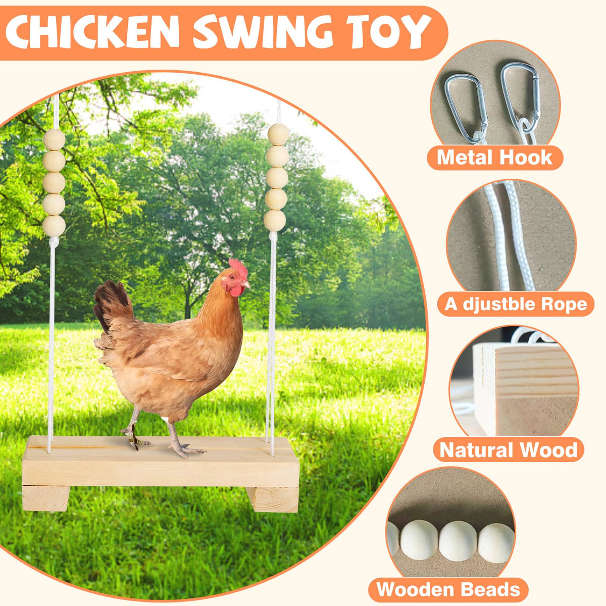 Jorewood swing perch featuring durable rope for sturdy multi-chicken support.