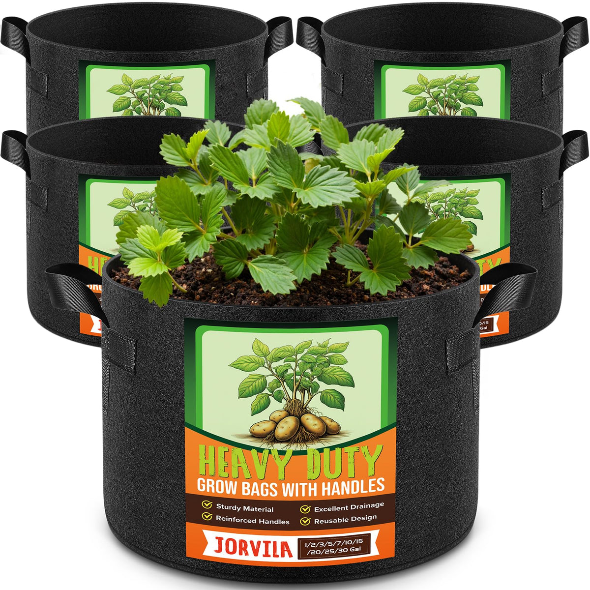 Jorvila 5-pack 15-gallon grow bags ideal for year-round tomato and potato growing