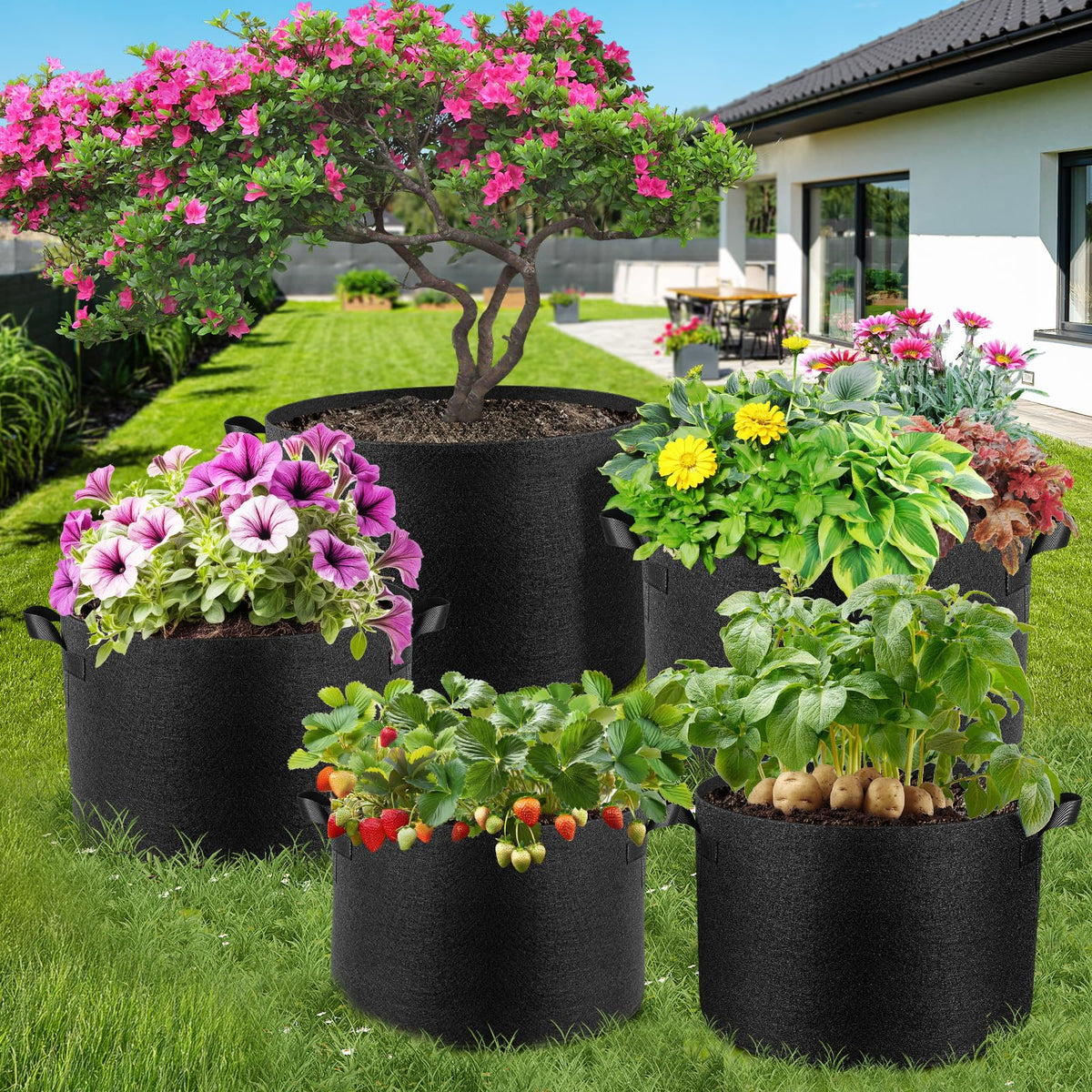 Folded grow bags stored neatly after removing soil.