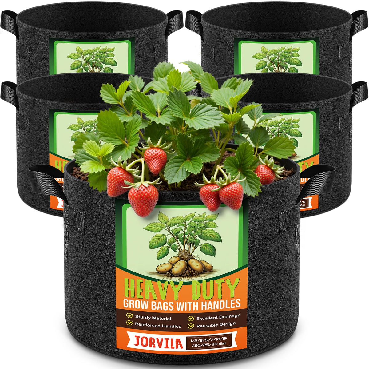 Jorvila 5-pack 7-gallon grow bags in side view, portable and durable.