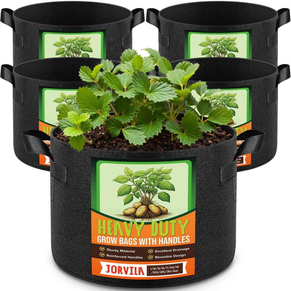 Jorvila 5-pack 10 gallon grow bags viewed from above showing easy transport handles.