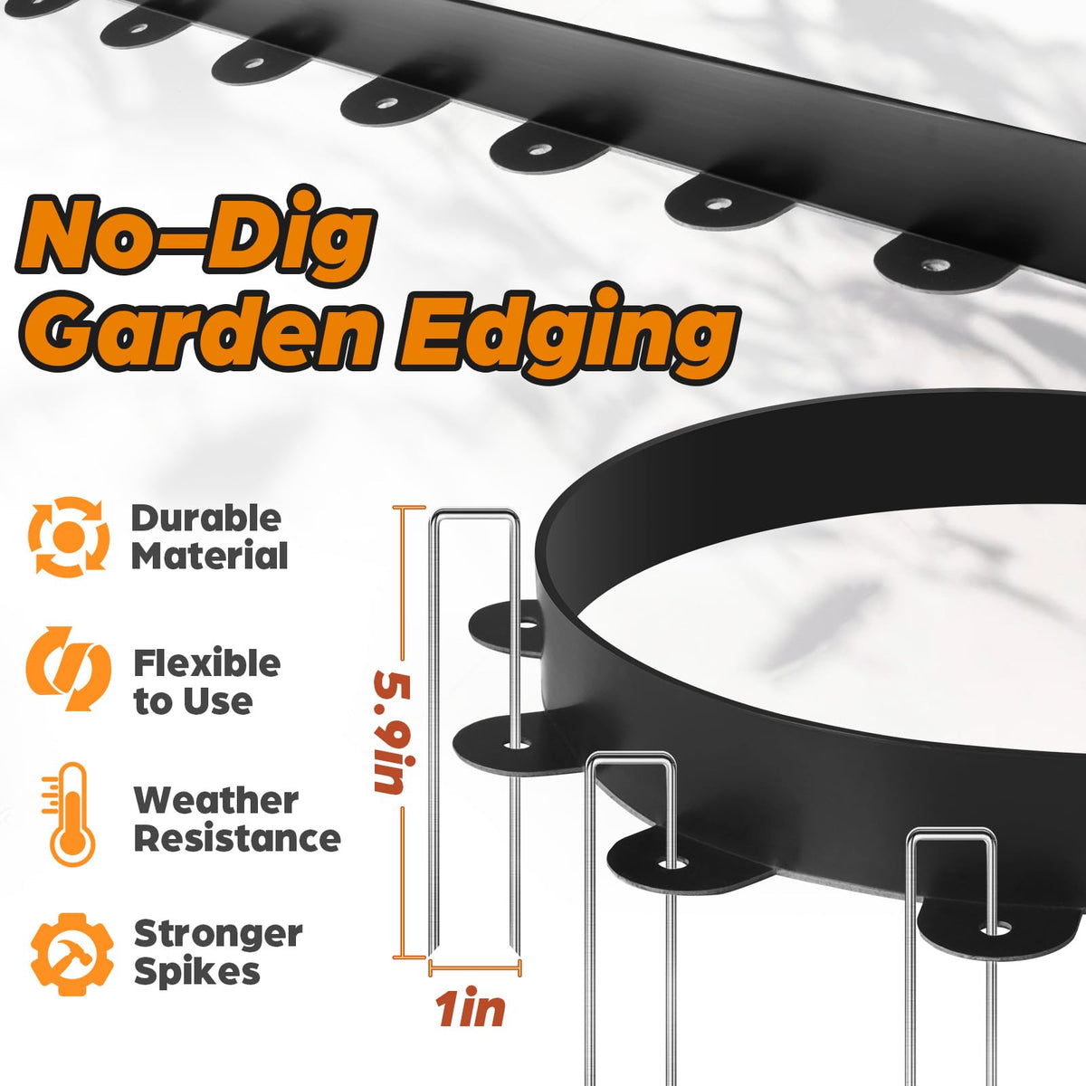 Jorvila edging spikes closeup shows durable U-shaped spikes for stable borders.