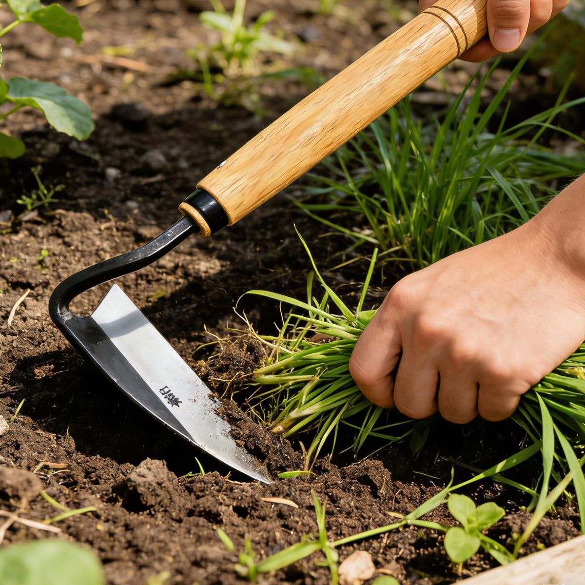 Joshua Roth Japanese Weeding Sickle in use with forward-weight design speeding garden tasks