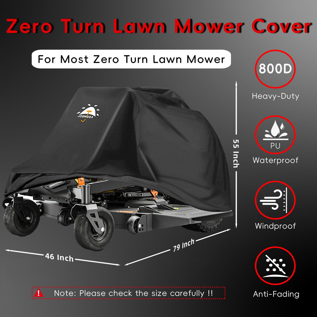 JosMega zero-turn lawn mower cover uses 800D oxford fabric for durable, weatherproof protection.