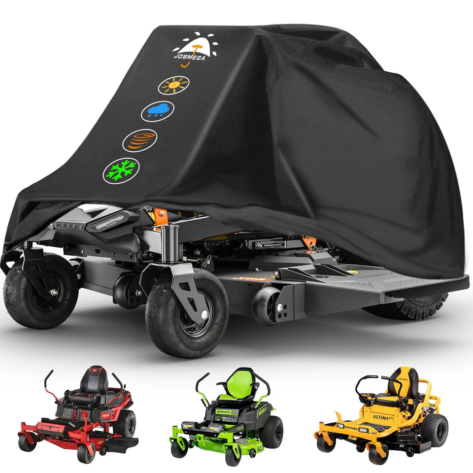 JosMega zero-turn lawn mower cover with 79in L x 46in W x 55in H fit protects mower from dust outdoors.