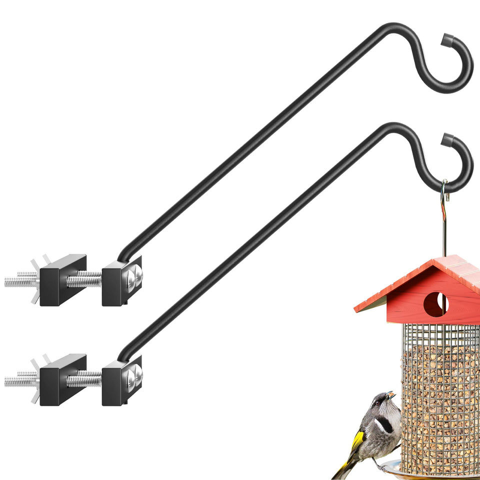 Josmimic 12-Inch deck hanger mounted on railing next to a bird feeder for quick setup