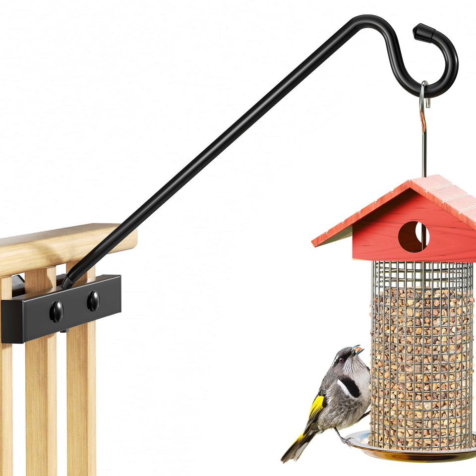 Josmimic 12-Inch Rail Hanger on a deck rail holds a plant for sun exposure.