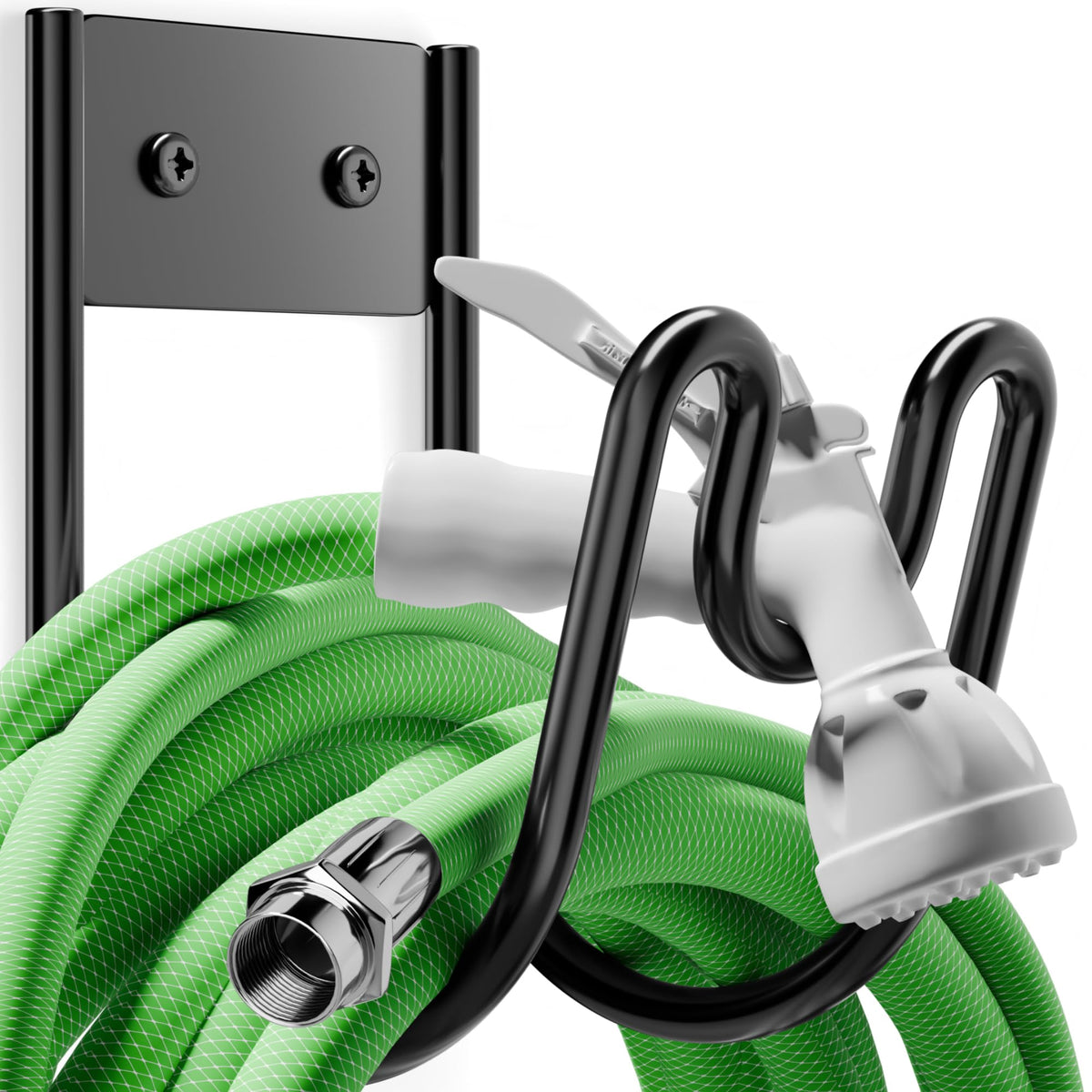 Josmimic black metal hose holder wall mount with rust-resistant coating for outdoor durability.