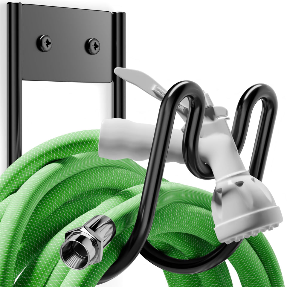 Josmimic black metal hose holder wall mount with rust-resistant coating for outdoor durability.