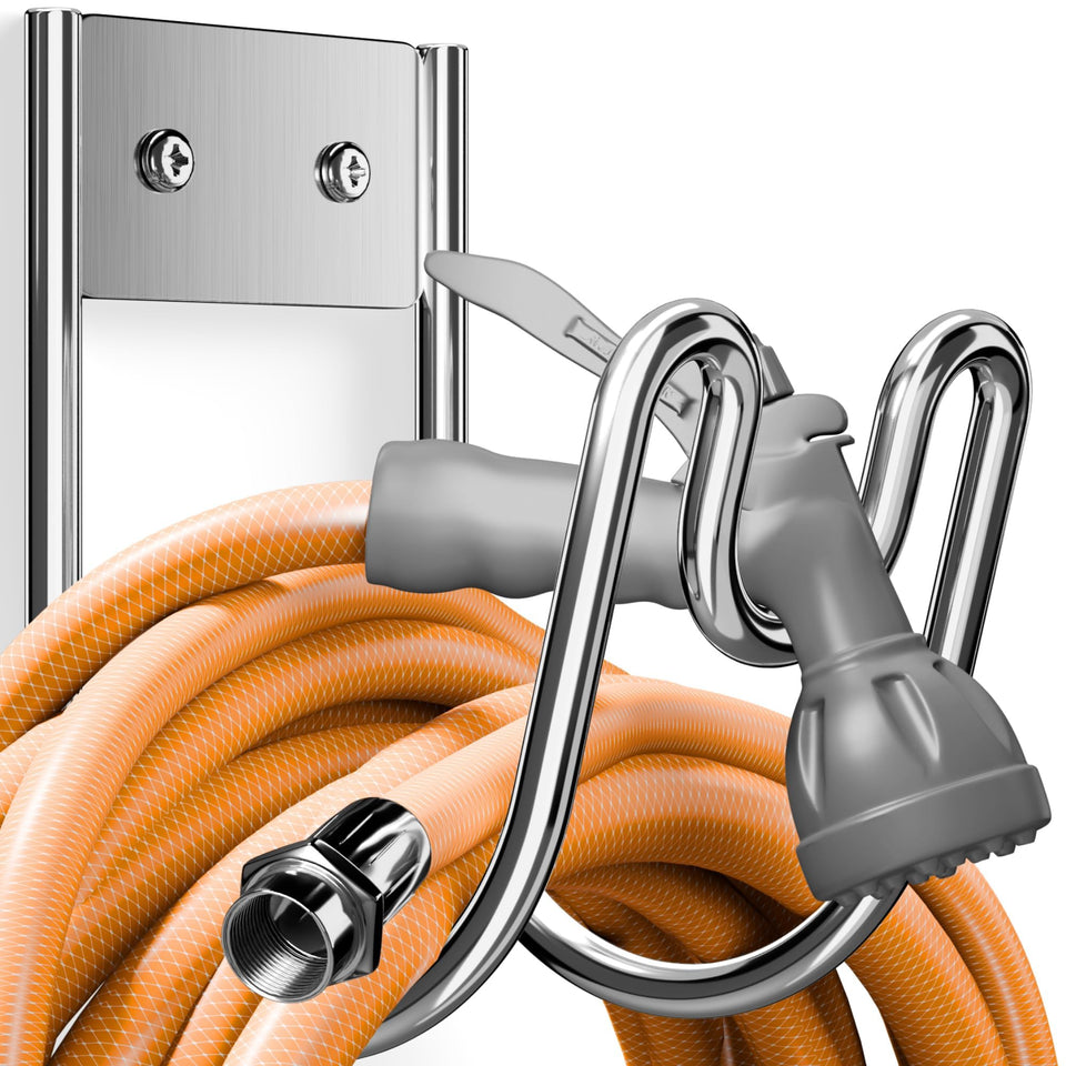 Josmimic hose-holder-wall-mount-stainless-steel keeps hoses tidy outdoors.