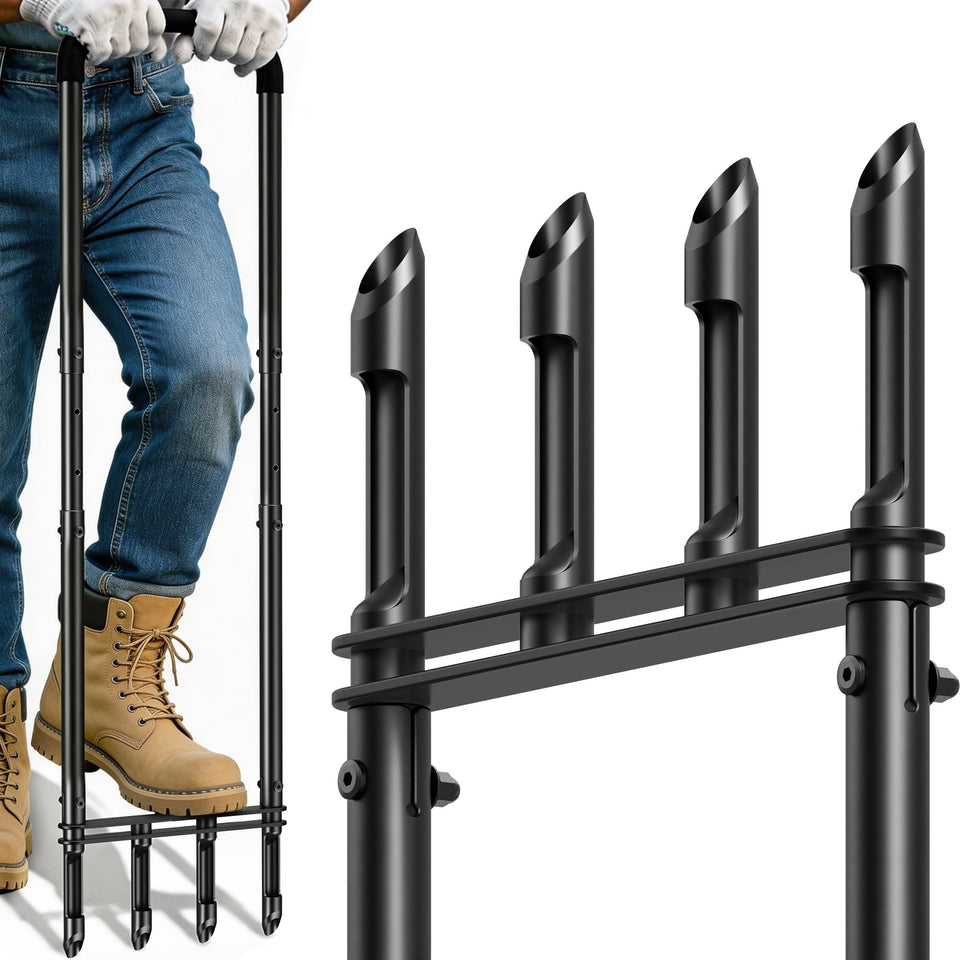 Josmimic knee-friendly manual lawn aerator showing 4 hollow tines for deep soil plugs.