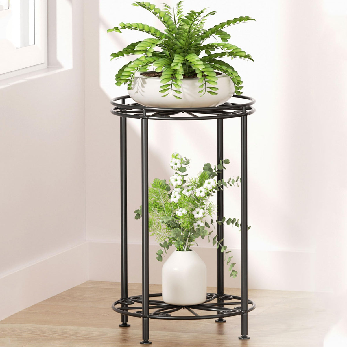 Josmimic 2-tier plant stand front view showing compact design for small spaces.