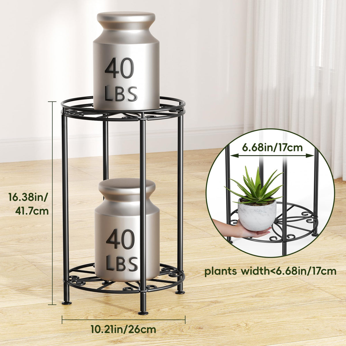 Josmimic 2-tier sturdy black metal frame supports heavier pots.