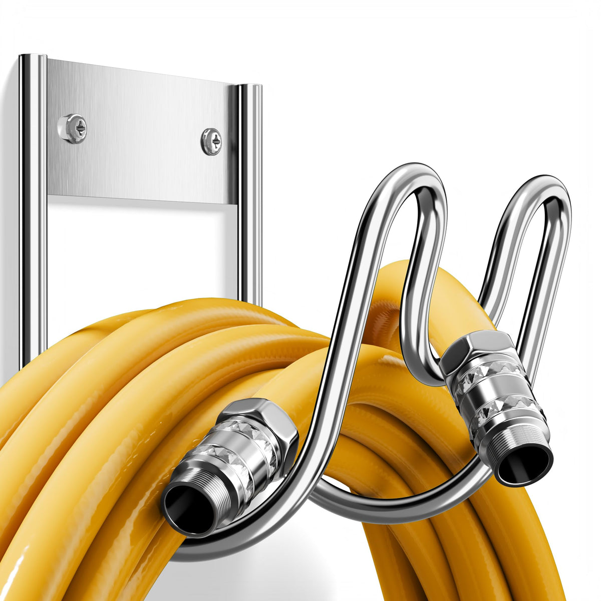 Josmimic wall-mounted stainless steel hose holder keeps hoses neatly stored and accessible.