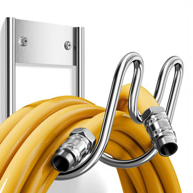 Josmimic wall-mounted stainless steel hose holder keeps hoses neatly stored and accessible.
