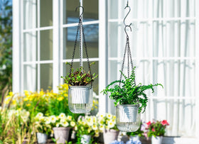 Josteve hanging planter with chains and wick supports consistent moisture.