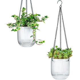 Josteve self-watering hanging planter shows clear water level for easy monitoring.