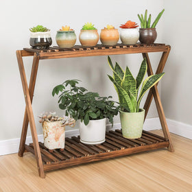 Jotboom wooden plant stand 2-tier narrow front view for compact spaces