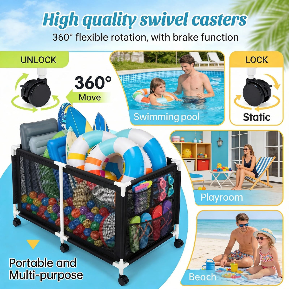 Jotesnew pool storage bin wheels detail emphasizing easy movement