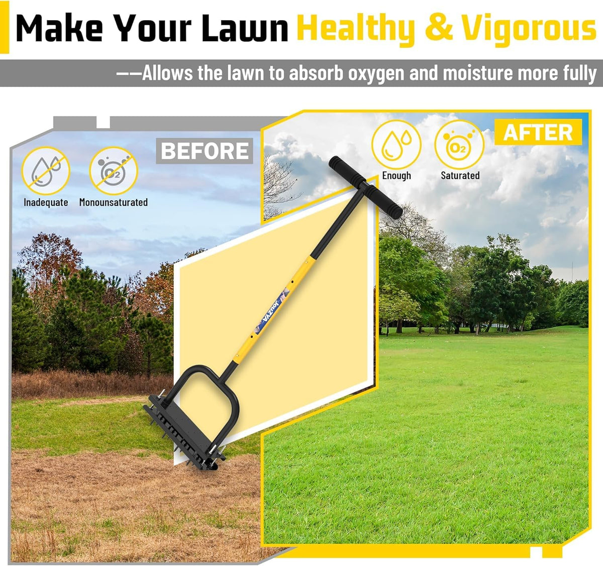 JouZYA lawn aerator in action across a yard, showing aeration process