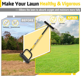 JouZYA lawn aerator in action across a yard, showing aeration process