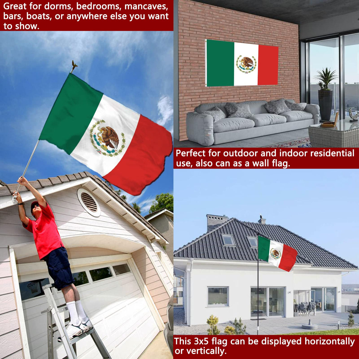 Joven Mexico flag with oxford header and brass grommets for secure outdoor mounting.