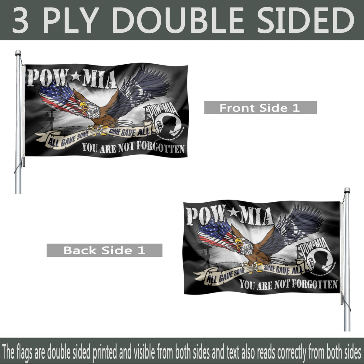 Joven Pow Mia flag features quadruple reinforced edges for long-lasting use