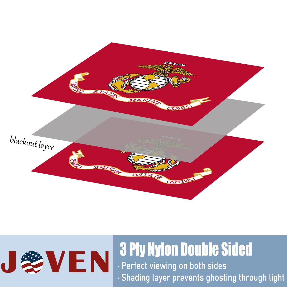 Joven USMC flag nylon material provides durability and quick-drying performance.