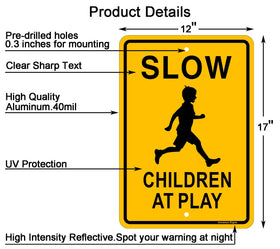 Jowanyo Slow Down Children at Play sign back view highlights weatherproof reflective finish for night visibility.