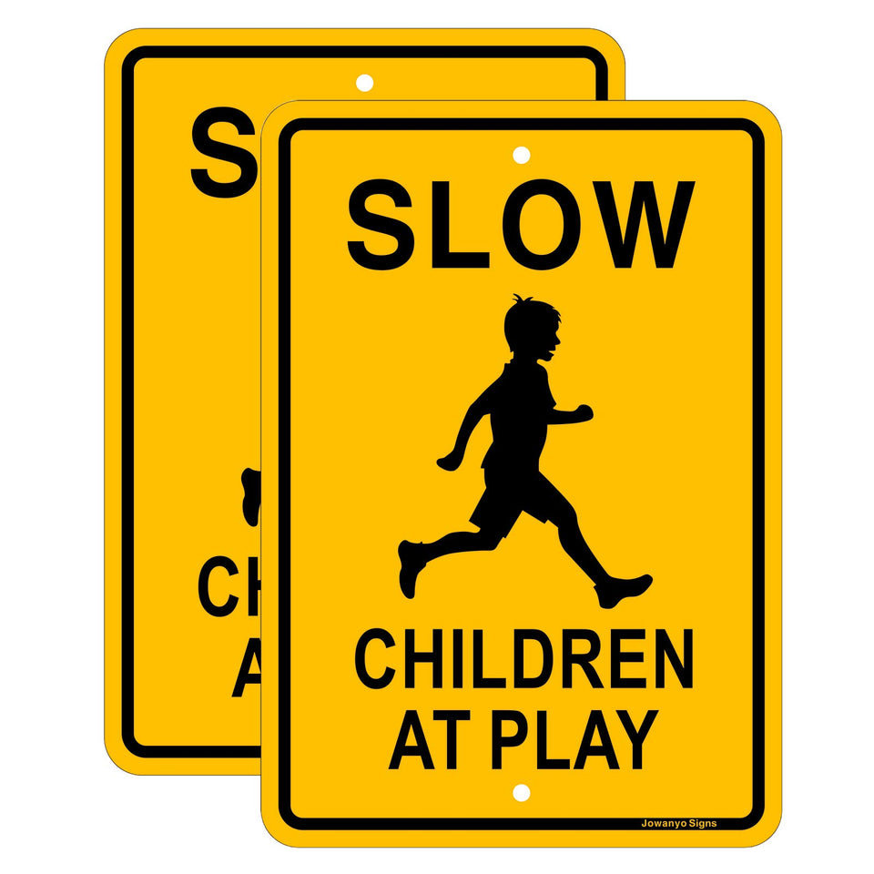 Jowanyo Slow Down Children at Play sign front view on durable aluminum panel.