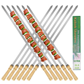 JOWHONK 21.5-inch flat kabob skewers with wood handles for easy grilling