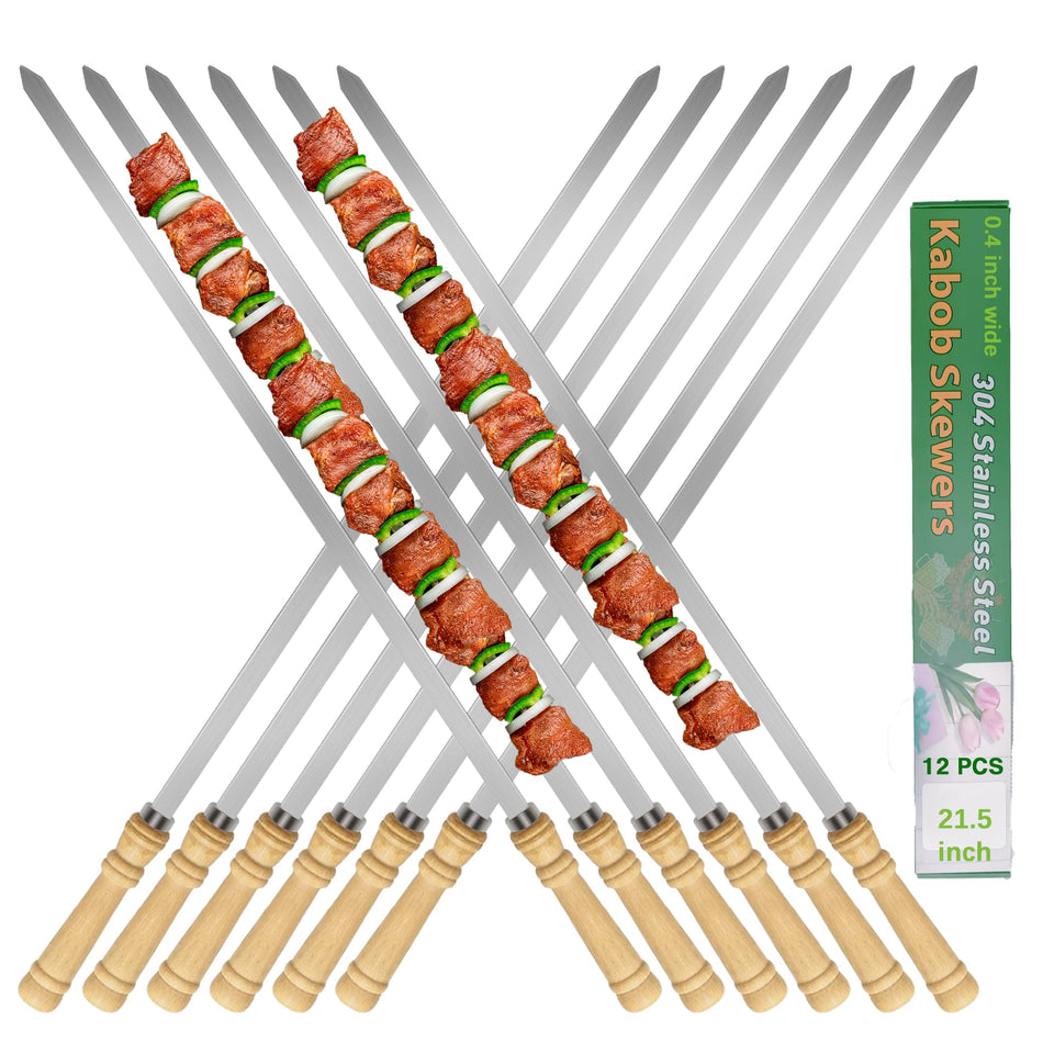 JOWHONK 21.5-inch flat kabob skewers with wood handles for easy grilling