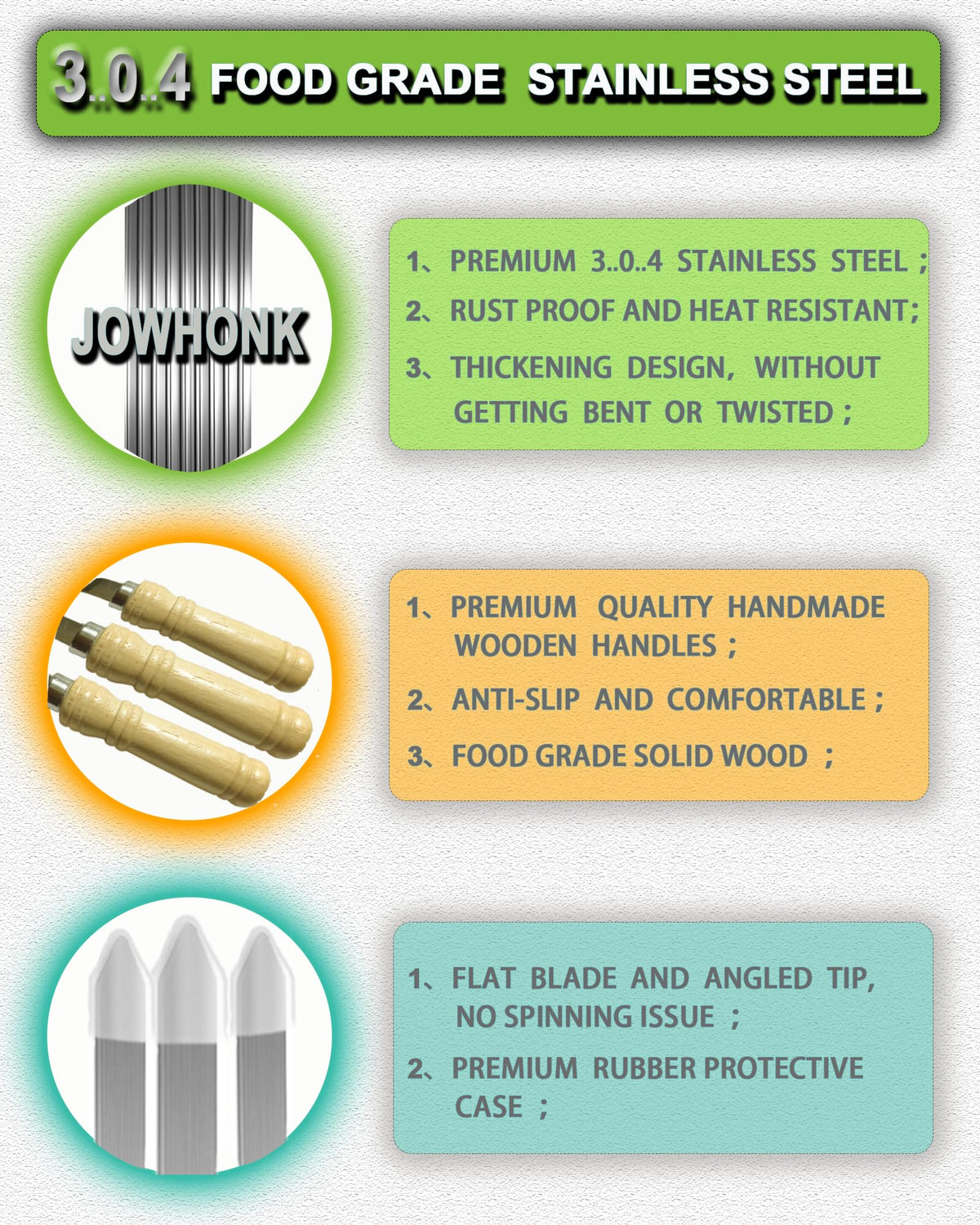 JOWHONK wide 0.4-inch skewers stabilize heavier portions