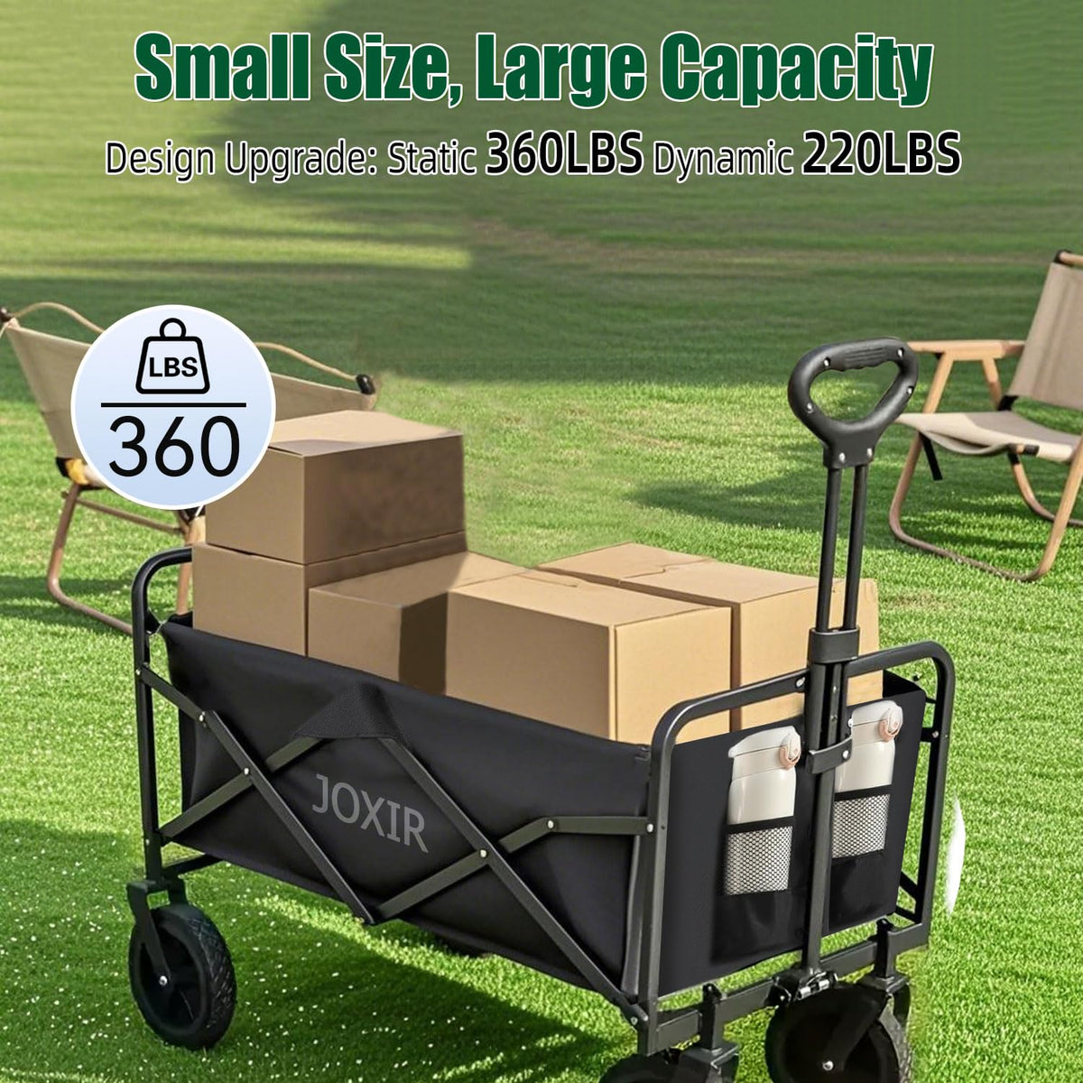 Joxir collapsible wagon all-terrain wheels glide across sand and gravel.