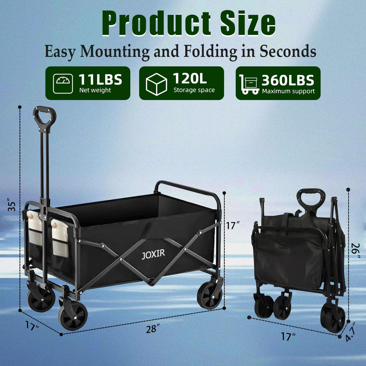 Joxir collapsible wagon folded compact for quick storage in your car trunk.