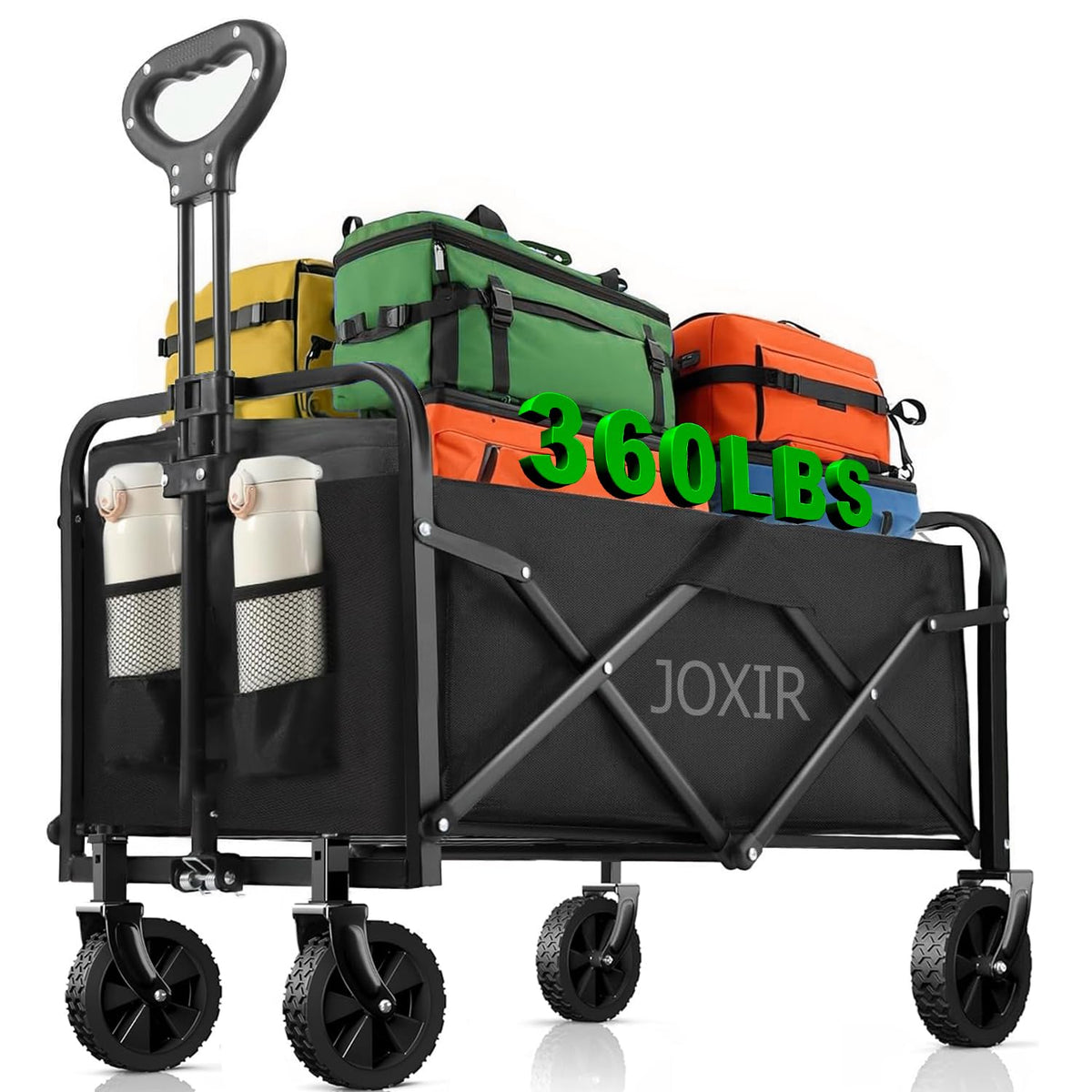 Joxir collapsible wagon frame open for easy, spacious transport at the market.