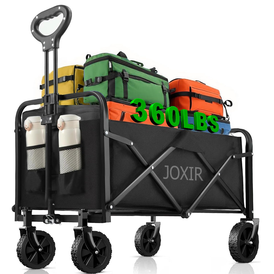 Joxir collapsible wagon frame open for easy, spacious transport at the market.