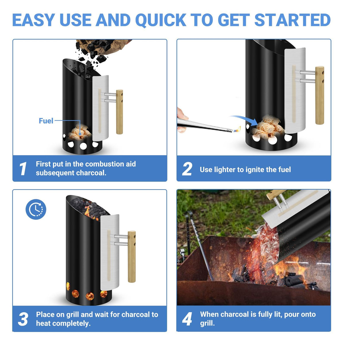 Joyagrill heat shield and wood handle enable safer, cooler handling.