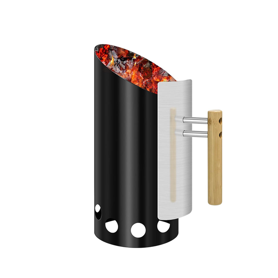 Joyagrill double-enameled chimney starter with porcelain coating for durability and easy cleanup.