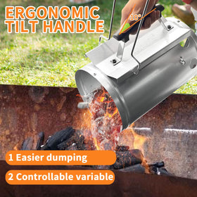 Joyagrill tilted-handle design for safer pouring of hot coals