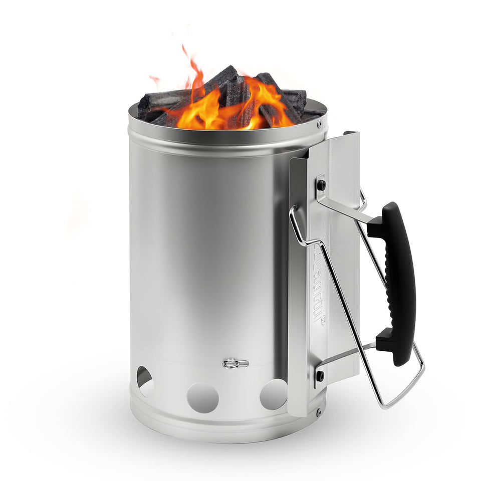 Joyagrill XL charcoal chimney starter silhouette highlighting large capacity for fast lighting