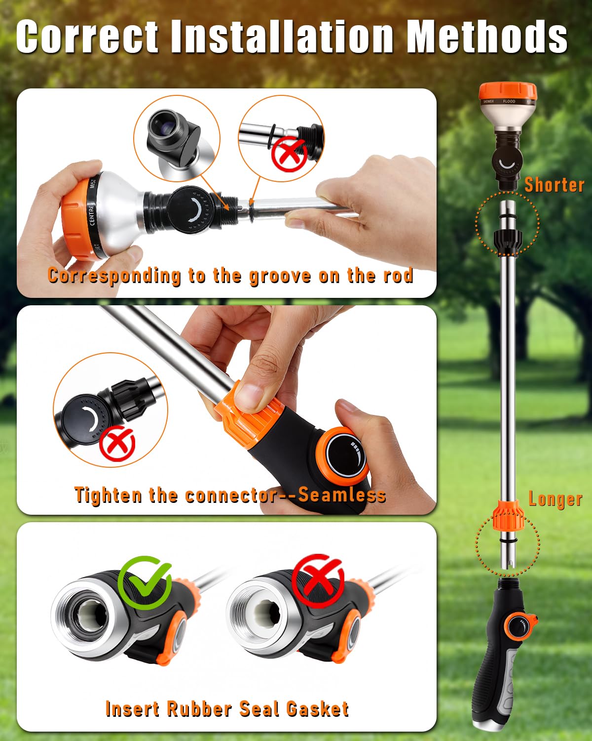 Joyaire wand head pivots 180° for precise watering around beds